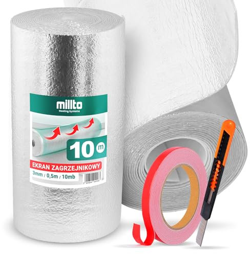 Lamina Isolante Termico Termoriflettente 10m x 0,5m x 3mm | Pellicola Riflettente per Rermosifone Rotolo Foglio per Pareti dei Termosifoni Isolamento Posteriore Nastro Biadesivo Taglierino
