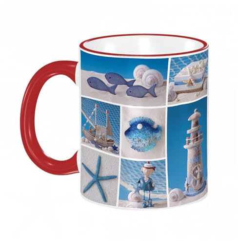 KDWJS Taza divertida de cerámica de 11 onzas,Tazas Originales de Desayuno - Graciosos Ideas para Regalos - Cerámica 330 ml - Objetos de diseño con temática marina Peces Conchas Estrellas de mar Perla