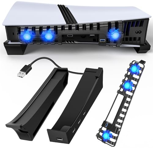 FASTSNAIL Horizontal Stand & Cooling Fan for PS5 Pro/Slim Digital/Disc, Controller Charger Station with 4 USB Hub, Separate Silent 3 High-Speed Fan with USB 3.0 Port & LED Light for PS5 Slim Console