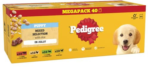 PEDIGREE Puppy Dog Food Pouches Chunks in Jelly, 40 x 100g Multipack, Four Flavours (with beef & Liver, Chicken, Lamb & Liver and Poultry)