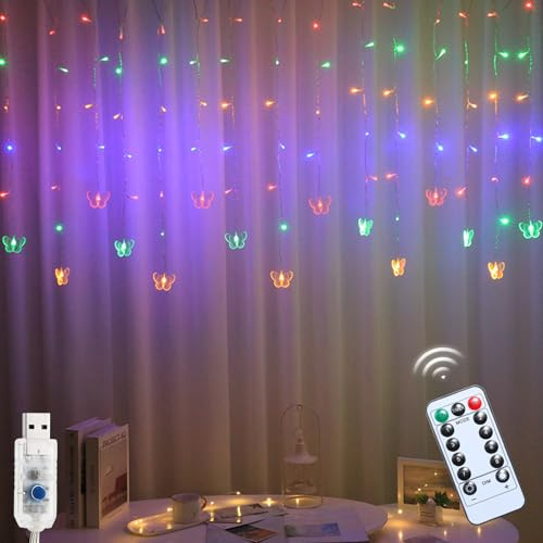 Frühlingsdeko Lichtervorhang Innen,3.5M Schmetterling Fenster Lichterketten Vorhang mit 8 Modi Fernbedienung Timer,Batterie Lichterkette Vorhang Wasserfest für Party Hochzeit Innen und außen Deko (B)