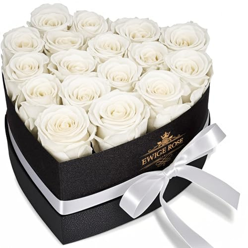 QHHENTOO 17 Stück Ewige Rosen in Herzbox - Echte Rosen, Geschenke für Frauen zum Valentinstag, Muttertag, Weihnachten, Geburtstag, Hochzeitstag (Weiß)