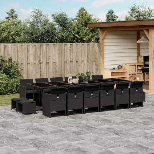 Homgoday 17-TLG. Garten-Essgruppe mit Kissen Schwarz Poly Rattan Gartenmöbel Set Möbelsets Balkonmöbel Möbel Terrassenmöbel Gartentisch mit Stühle Sitzgruppe für Terrasse Garten Balkon