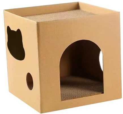 Fonowx Katzenhaus Aus Karton. Indoor Katzenhaus. Spiel, Schlaf Und Kratzmöbel mit Kratzbaum, Braun