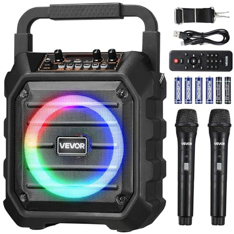 VEVOR Máquina de Karaoke para Adultos, 20 W Altavoz Bluetooth de 165,1 mm con 2 Micrófonos Inalámbricos, Luz LED, Función TWS, Asa, Correa para el Hombro Compatible con Tarjeta Micro TF, USB, AUX