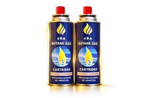 Butane Gas Cartridge 227g for Portable Camping Stove, Cassette Gas Refill Canister, Outdoor Cooking Fuel for BBQ, Picnic, Hiking, Catering Use (2 Gas Only)