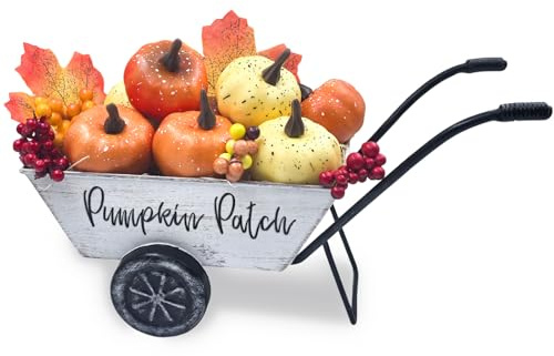 Decoración de Calabaza de Otoño, 23.5 cm Carretilla de Metal con Calabazas Artificiales, Hojas de Bayas, Otoño Carro de Calabaza Vintage Decoración para Jardín, Cocina, Mesa, Balcón, Terraza, Blanco