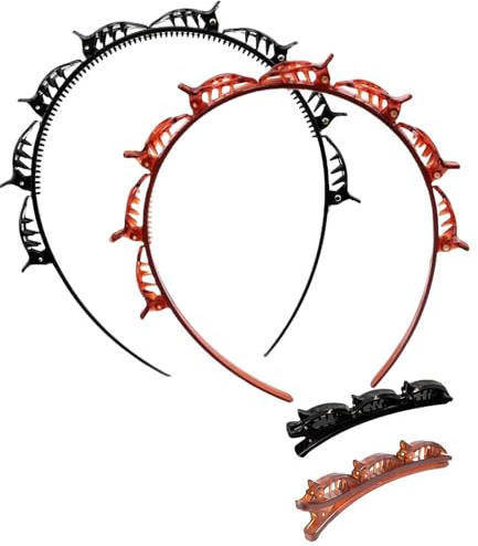 Lot de 4 bandeaux à double frange avec 8 petites pinces pour femme - Outils de tressage double couche pour cheveux bouclés et épais (noir et marron rougeâtre)