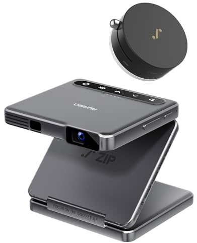 ZIP Tri-Fold DLP Mini Projector Bundle with MagPlay Mount, Zero-Lag Focus, One-Click Screen Mirroring, Full-Screen Mode, Type-C Fast Charging, 5,000mAh Battery, Grey