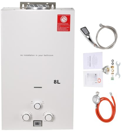 Cozyel 8L 16KW Tragbarer Gas Durchlauferhitzer Propangas Campingdusche mit Gasdruckminderer für Dusche im Außenbereich Warmwasser Camping Dusche LPG Warmwasserbereiter Warmwasser Tankless Instant,Weiß