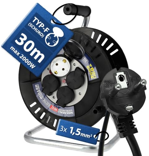 Kabeltrumma 30m IP44 - Förlängningskabel med 4 Schuko-uttag 3×1,5 mm² Kabelrulle Utomhus 230V 2000W - Robust Kabelvinda för Trädgård Verkstad Garage - Elektrisk Förlängningskabelvinda - Horoz Electric