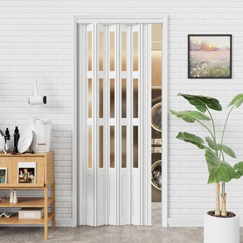 LIGUIEN Falttüren Innentüren, Falttür Ohne Bohren, Falttüren Nach Maß, Küche Schiebetür Komplettset, Weiß mit Klarem Acryl-Fenster für Große/kleine Räume(20x80in(50.8x203cm))