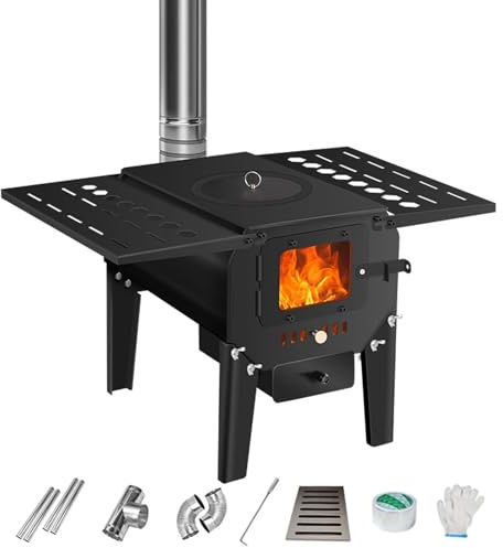 Wood Burning Stove with Detachable Support Frame, Viewable Fire Window, and Chimney for Cooking and Home Heating