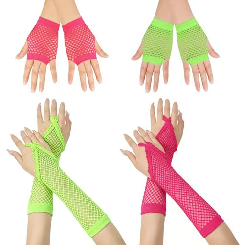 Gaodercha 4 Paare Netzhandschuhe Fingerlose Netz-Armstulpen Kurze Rot-Grüne Netzhandschuhe Lange Neon-Netzhandschuhes für Damen Punk Goth 80er Jahre Kostüm Accessoires