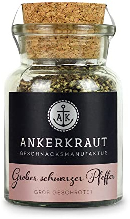 Ankerkraut Grober schwarzer Pfeffer, Pfeffer zum Kochen und Grillen oder mit Olivenöl auf Baguette, Pfefferkörner schwarz, Pfeffer für Mühle, 70 g im Korkenglas