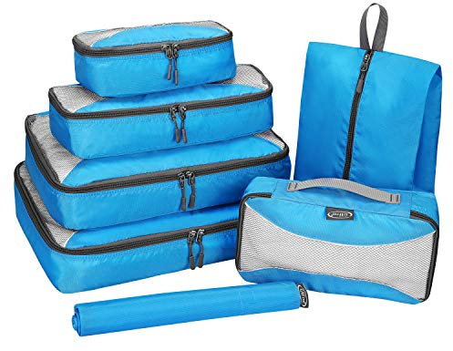 G4Free 6 st/9 st packkuber nät resa bagage väska set packorganiserare, 7 st – blå, (S+Slim+M+L+XL+Drawstring Bag+Shoes Bag)-7PC