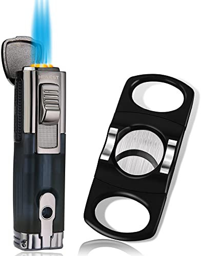 PROMISE Triple Jet Flame Refillable Butane Lighter with Cigar cutter Lighter gift set - Butane Not Included (Black+Cutter)