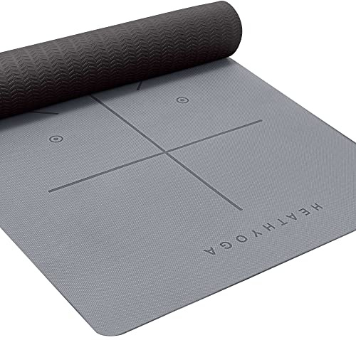Heathyoga Yoga Mat Non Slip TPE Pilates Exercise Mats for Home Workout Gym Fitness Eco Friendly Thick Hot Yoga Mat with Strap Body Alignment,72x 26 Thickness 1/4