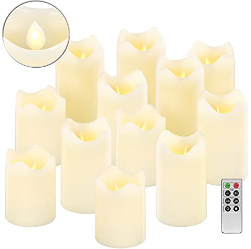 Britesta Wachs-Kerzen: 12er-Set dimmbare LED-Echtwachskerzen, bewegliche Flamme, Fernbedien. (Flacker-Wachskerzen, LED Flackerkerze mit Fernbedienung, Kabellose Weihnachtskerzen)