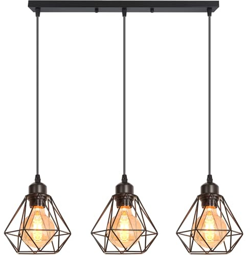 iDEGU 3-flammig Pendelleuchte Schwarz 16cm Industrial Hängelampe aus Metall Käfig Lampenschirm Retro Kronleuchter E27 Fassung Vintage Hängeleuchte für Esszimmer Küche Schlafzimmer Wohnzimmer (Balken)