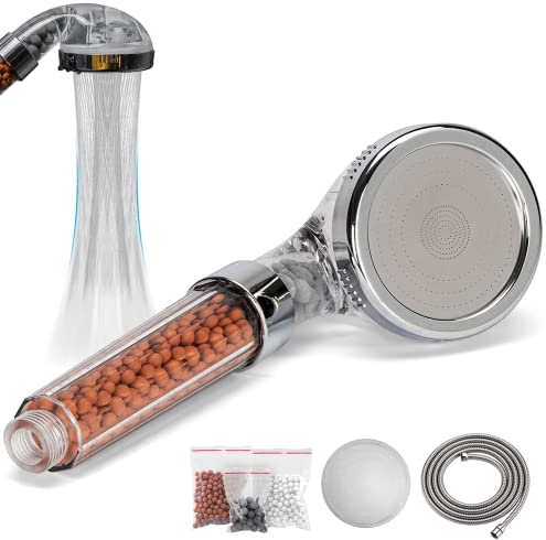 Olliwon Pommeau de Douche Haute Pression Anti Calcaire avec Tuyau 1,5 m, Douchette Économiseur d'Eau Salle de Bain, Filtre à Trois Niveaux Système de Filtrage avec 3 Packs Minérale Balles Remplaçable