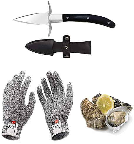 Kaqisen Oyster Knife Oyster Shuck Set Oyster Opener Resistente al taglio e guanti per cozze o formaggio a pasta dura Manico in legno adatto Acciaio inossidabile(Medio/M)