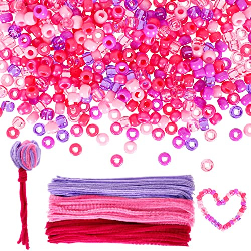 Whaline 1000Pcs Valentine's Day Pony Beads with 300Pcs Chenille Stems Pipe Cleaners Pink Purple Mix Color Craft Plastic Beads for DIY Craft Necklace Bracelet Making Supplies Hair Braiding Accessories