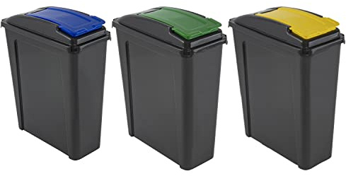 JMS we create smile Set of 3-25l Litre Slimline Bin Waste Recycle Flap Lid Trash Can Rubbish Waste Bin Narrow Space Animal Feed Bin Made in UK (Blue + Green + Yellow)