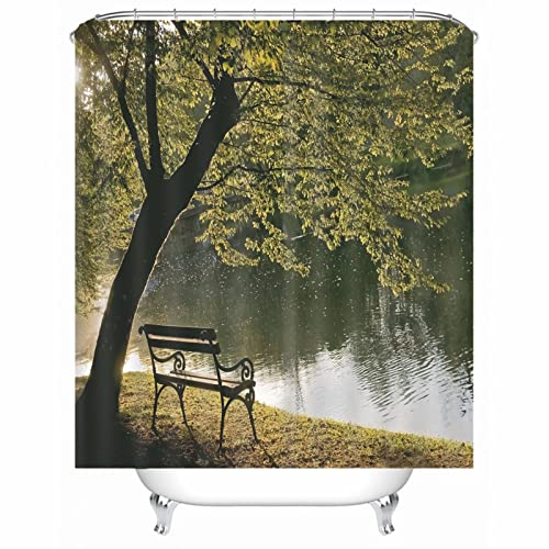 Whoiy Duschrollo Grün, Duschvorhang Eckdusche 165X200cm Polyester Badegardinen Holzstuhl Unter Dem Baum Waschbar Wasserdicht