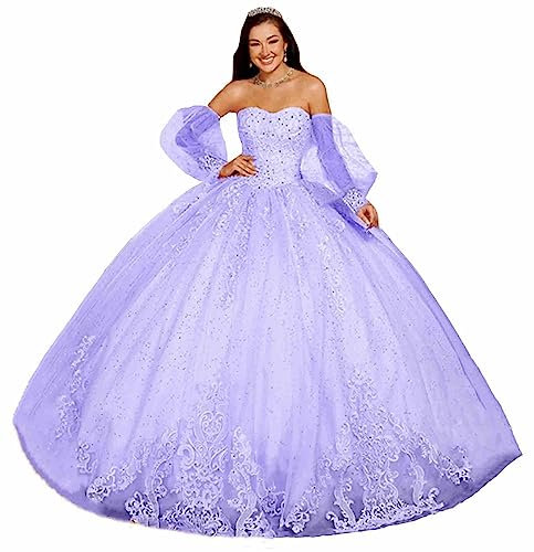 TSxuelian Vestidos de quinceañera de manga larga para mujer, Sweet 16, apliques de encaje, vestidos de baile de boda, Lila, 46