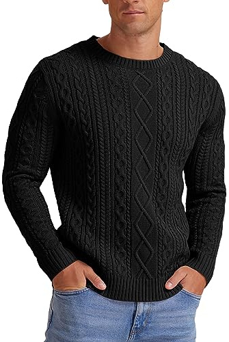 Hisir Pulls en tricot torsadé pour hommes, pulls d'hiver décontractés à col rond épais et chauds à manches longues, sweaters et hauts pour hommes UK, 01 Noir, L
