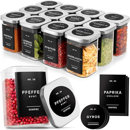 EDELHAUS Gewürzgläser Eckig mit Edelstahl Deckel 190ml (12 Stück) - Gewürzdosen Set mit 160 Gewürzetiketten/Luftdichte Vorratsdosen, Stapelbare Gewürz Organizer, Glasbehälter