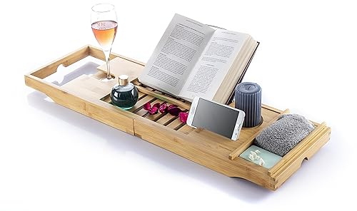 InnovaGoods - Vassoio Estensibile per Vasca da Bagno in Bambù, Spa a Casa, Antiscivolo, Supporto Bicchieri e Candele, Slot per Smartphone e Leggio Pieghevole, Marrone, Standard, Bambù