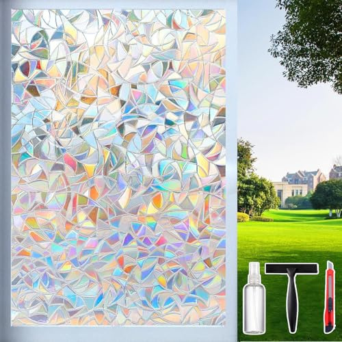 Rainbow Window Privacy Film Decorative, Stained Glass Tint for Home, 3D Decals Clings for Glass Windows, Static Cling Sticker, Suncatcher Cover, 29.5 Inch x 78.74 Inch