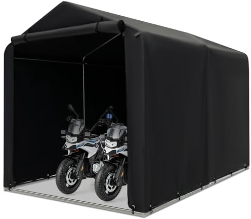 Goplus Portable Storage Shed, 7 x 5.2 x 5.4 Ft Heavy Duty Motorcycle Shed w/Roll-Up Zipper Door, Metal Frame, Waterproof Cover & Wind Rope, Outdoor Storage Tent Shelter for Bike, Garden Tools