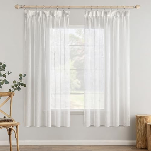 MIULEE Gardinen 2er Voile Vorhang Leinenoptik Kräuselband 140x160cm Weiß | Leinenoptik Voile mit Kräuselband, lichtdurchlässig & blickdämpfend, einfach aufzuhängen für Wohn- und Schlafzimmer