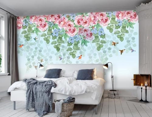 Fototapete Blumen 3D Tapeten 3D Effekt Wohnzimmer Schlafzimmer Vliestapete Einfaches Frisches Rustikales Aquarell Blumenblatt Fliegender Vogel Natur Grau Graffiti Steinoptik Kinder Tapeten