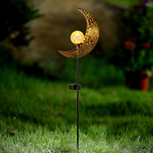 Taylor & Brown Solar Lights Outdoor Landscape Decor Moon Lantern for Patio, Lawn or Pathway Decorations Crackle Glass Globe Stake Metal Lamp Waterproof Warm White LED Garden Light