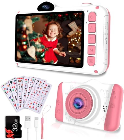Kinderkamera 3,5-Zoll Großbildschirm,Digitalkamera Kinder Fotoapparat 1080P HD 12MP, mit 32GB-Karte,USB Wiederaufladbare Selfie Kamera für 3-12 Jahre Mädchen Weihnachtsgeschenkev Spielzeug,Rosa