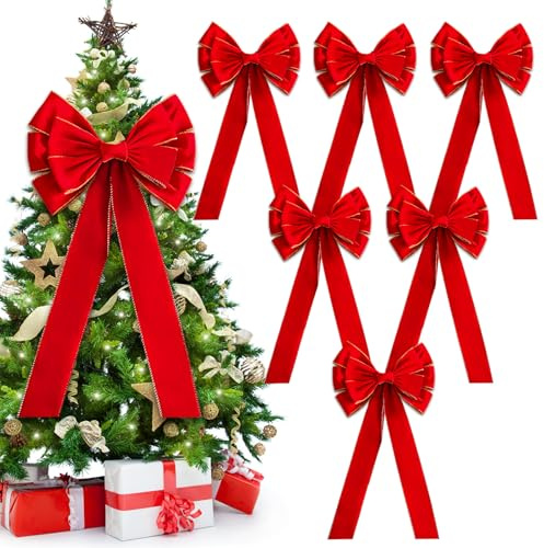 MAXHJX 6X Weihnachtsschleifen Weihnachtsbaum Weihnachten Samtschleife: 90cm x 45cm Große Rote Schleifen für Weihnachtsbaum Weihnachtskranz Tür- und Kamin Haustürdekoration (6, Red)