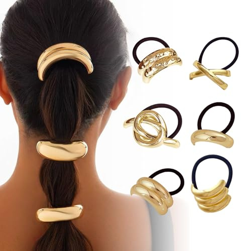 6 Stück Haargummi Damen, Haarmanschetten Für Dickes Und Dünnes Haar - Gold, Schwarz Mit Metallstern - Zopfgummi, Haaraccessoires, Armband