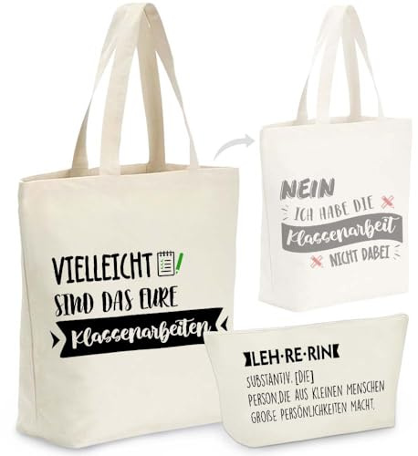 YANSYUN 2 Stück Baumwolltasche Geschenk Lehrer toffbeutel bedruckt Abschiedsgeschenk Lehrerin Erzieherin Geschenk Dankeschön Lehrerin Tragetasche Damen Einkaufsbeutel Größe ca. 38 x 40 cm Weiß