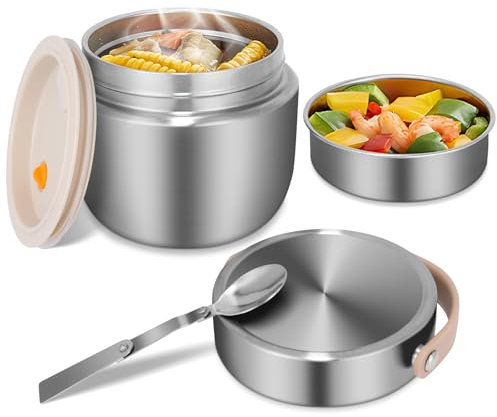 XUANHONG-TECH 1200ML Food fFlasks for Hot Food, Extra Large Capacity, Insulated Food Container Leak-Proof with with Folding Spoon, Keeps Hot/Cold for 12Hrs (Silver-1200ML)