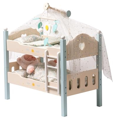 ROBUD Baby Doll Crib, Wooden Baby Doll Beds for 20 Inch Dolls, Blue Baby Doll Bunk Beds with Tulle, American Girl Doll Bed for Gifts, WRP10