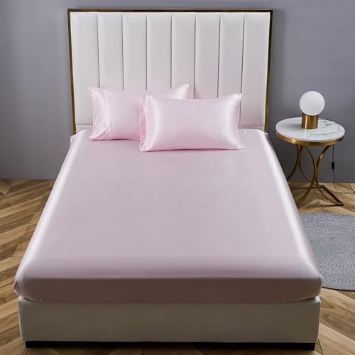YASMENG - Sábana bajera (180 x 200 cm, satén rosa, liso, 30 cm, seda sedosa, brillante, lujo, seda, poliéster, suave, transpirable, para colchón grueso,