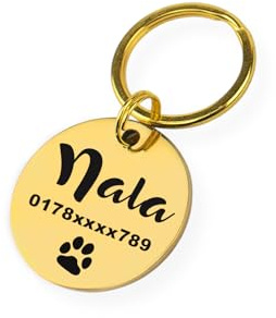 Hundemarke mit Gravur | Personalisiert mit Name, Telefonnummer, Adresse, Handschrift, Spruch | ⌀25mm Edelstahl Dog Tag, Namens-Anhänger für Hunde-Halsband, Alpaka | Gold