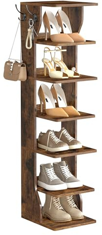 VASAGLE Slim Shoe Rack, Narrow Shoe Storage Organiser, 7-Tier Shoe Stand, for Small Spaces, Hallway, Cloakroom, Rustic Brown LBS200KD01