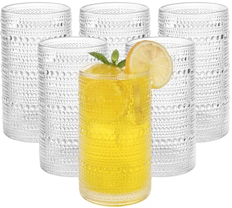 Akutaa Vintage Hobnail Drinking Glasses Set of 6, 16 oz Large Capacity Embossed Clear Tumblers, Highball Glasses for Water, Cocktail, Beer, Whiskey, Kitchen & Bar Use