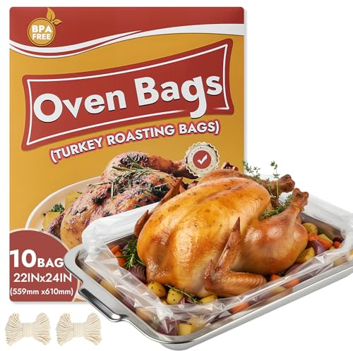 YQL Bolsas para horno de pavo, paquete de 10, bolsas grandes de 22 x 24 pulgadas para asar al horno con cuerda de algodón, cocinar pavo, pollo, jamón, comidas navideñas para Acción de Gracias, Navidad