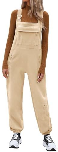 CMTOP Womens Overalls Winter Fleece Dungarees Sleeveless Jumpsuits Long Playsuit Casual Fit Trousers Autumn Baggy Pants Adjustable Stretch Straps with Pockets (Khaki, XL)